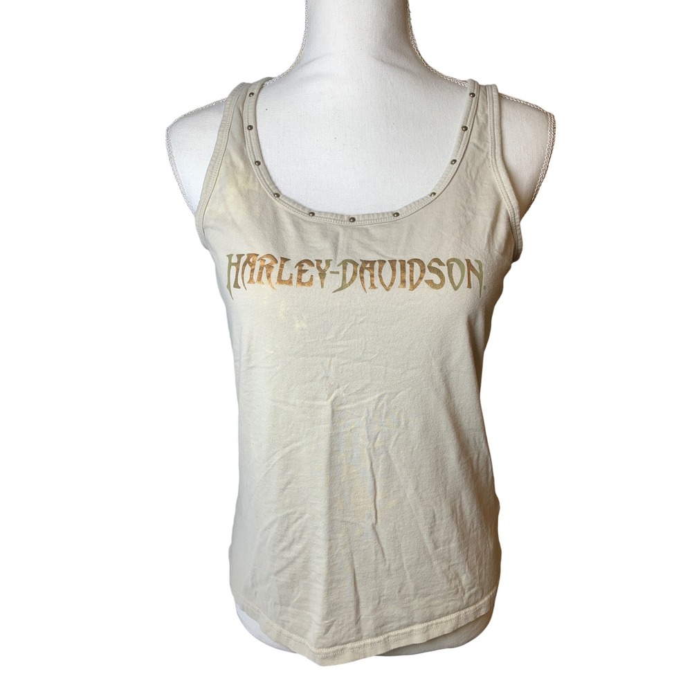 Harley-Davidson Womens Studded Logo‎ Tank Top Beige Smocked Back Large